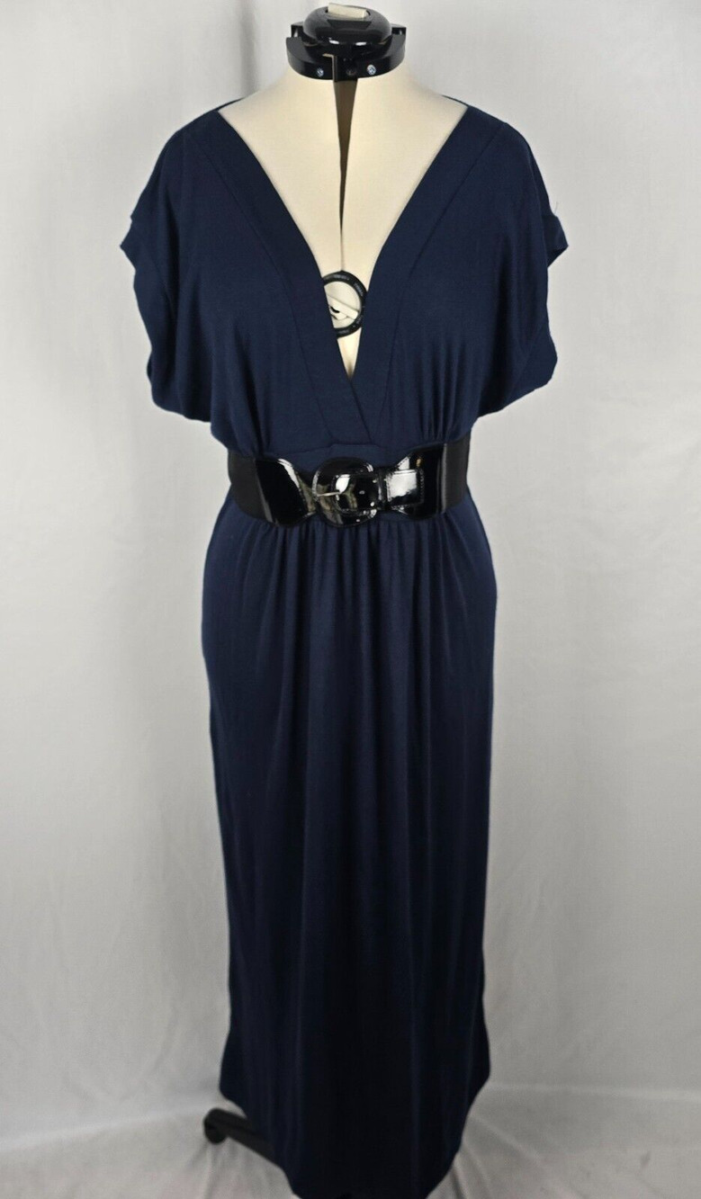 Cameron Dress Women's 2X Dark Blue Wrap Cap Sleeve Maxi Deep V-Neck Belt NWT